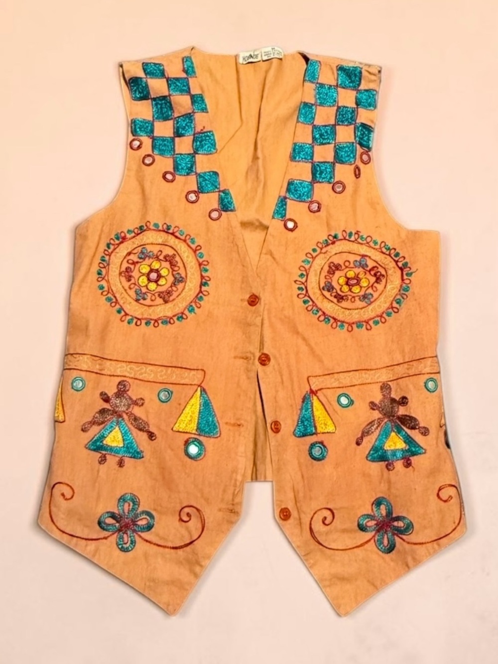 Hobnob Vintage Embroidered Boho Vest with Teal Accents